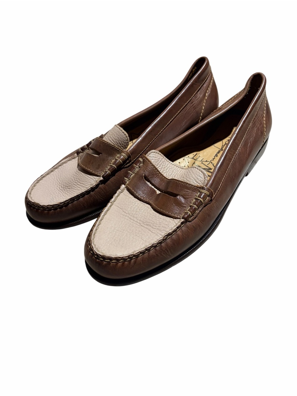 Martin Dingman Two Tone Leather Penny Loafers Brown Cream Slip On Shoes 9.5